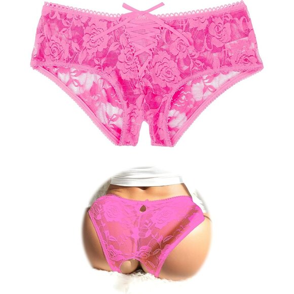 Women's Pink Lace Short Crotchless Sexy Panties Crisscross Strappy Underwear - Picture 1 of 7